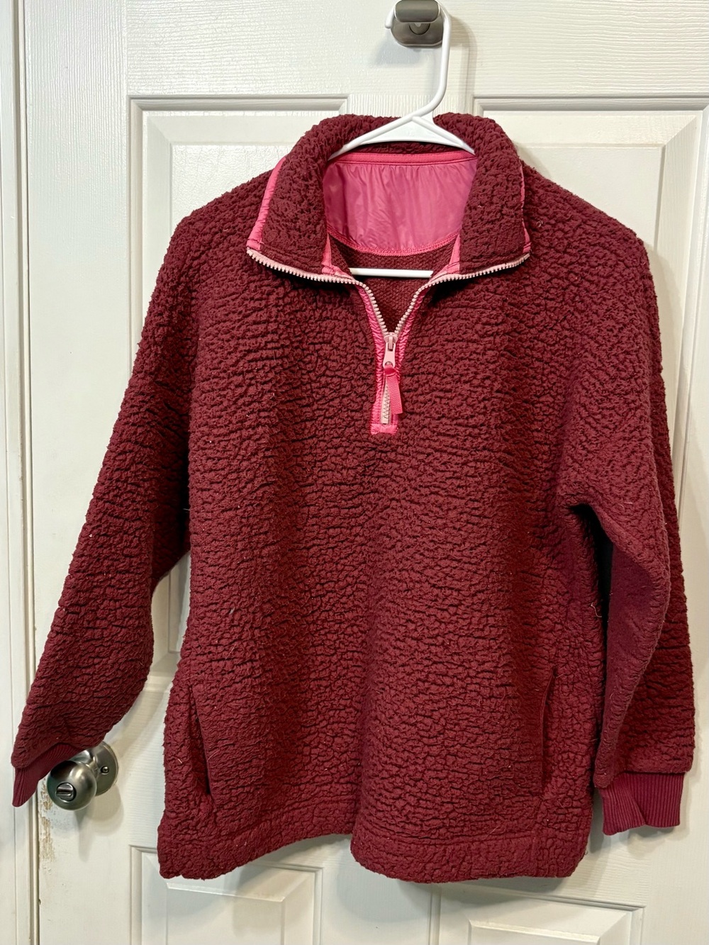 Sherpa Pullover Jacket in Deep Berry with Pink Trim